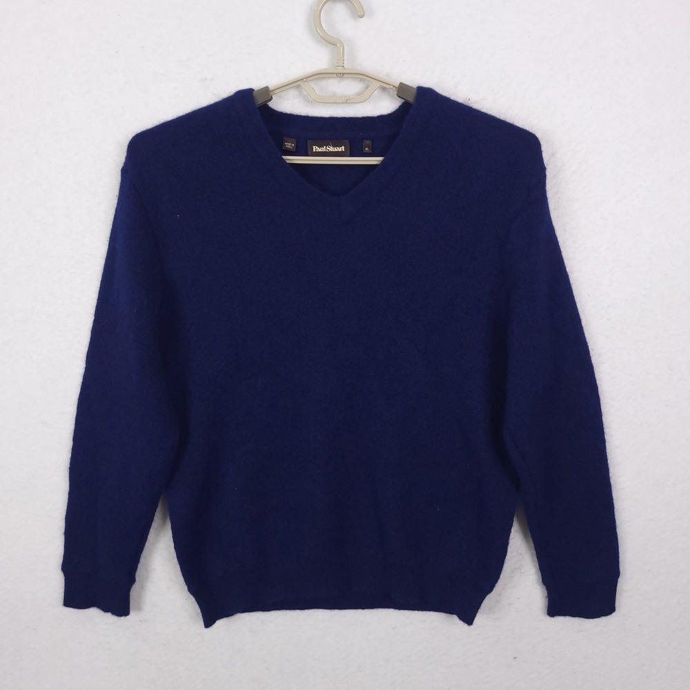 Paul Stuart V-Neck Sweater Mens XL Blue 100% Alpaca Wool Made in Peru Luxury